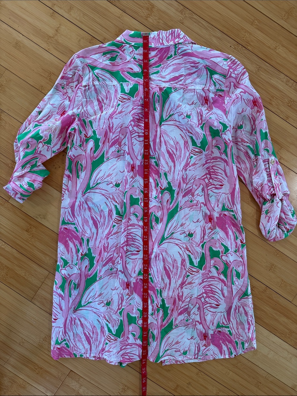 Lilly Pulitzer Pink & Green Flamingo Print Button-Front Long Sleeve Cover Up - Picture 5 of 5